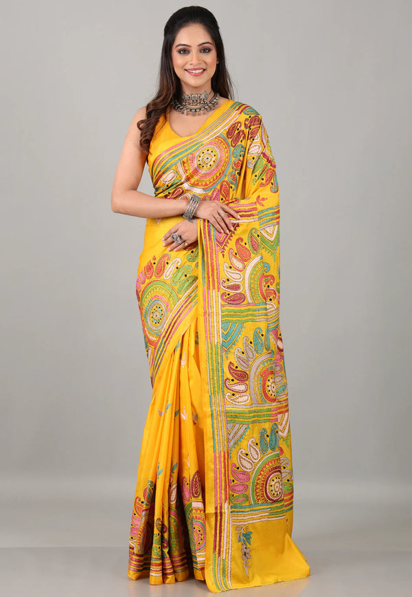 Yellow Kantha Silk Saree with Blouse Piece - Adi Akshoy & Co.
