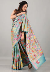 Sea Blue Kantha Silk Saree with Blouse Piece - Adi Akshoy & Co.
