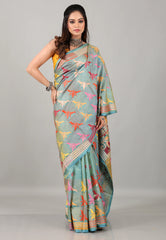 Sea Blue Kantha Silk Saree with Blouse Piece - Adi Akshoy & Co.