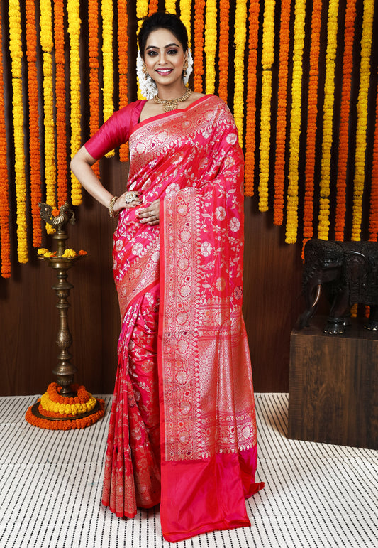 Rani Pink Minakari Kadwa Pure Silk Banarasi Saree with Blouse Piece