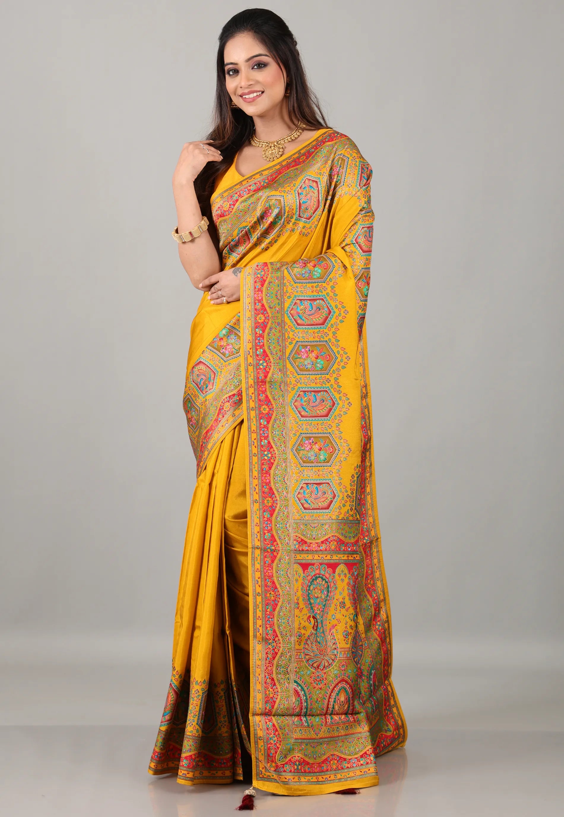 Mustard Yellow Kani Silk Saree With Blouse Piece - Adi Akshoy & Co.