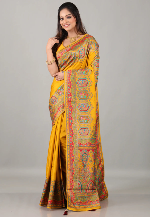 Mustard Yellow Kani Silk Saree With Blouse Piece - Adi Akshoy & Co.