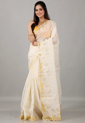 Off White Organza Kantha Saree with Blouse Piece - Adi Akshoy & Co.