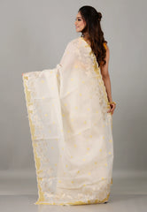Off White Organza Kantha Saree with Blouse Piece - Adi Akshoy & Co.