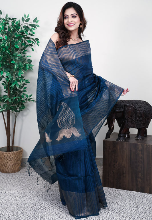 Turquoise Blue Kora Handloom Pure Silk Saree With Blouse Piece