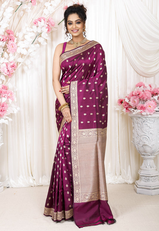 Magenta Kadwa Pure Silk Banarasi Saree with Blouse Piece