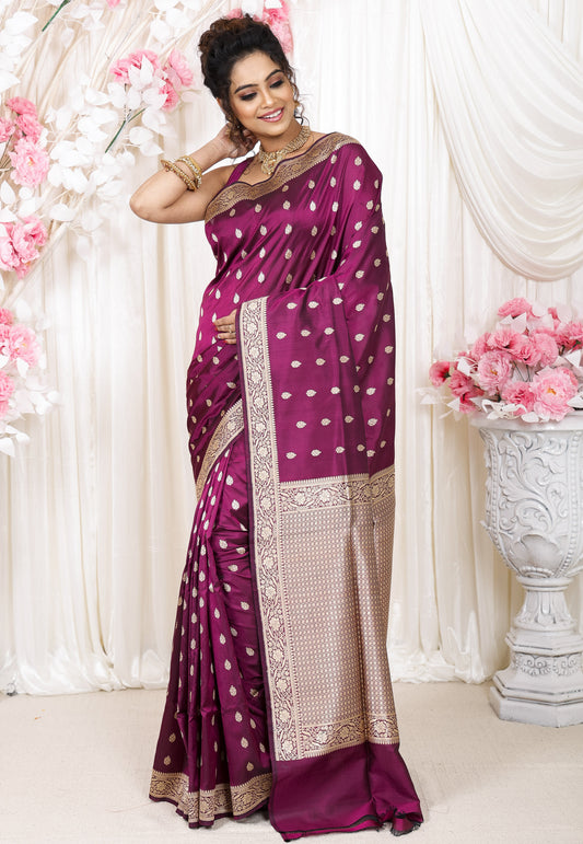 Magenta Kadwa Pure Silk Banarasi Saree with Blouse Piece