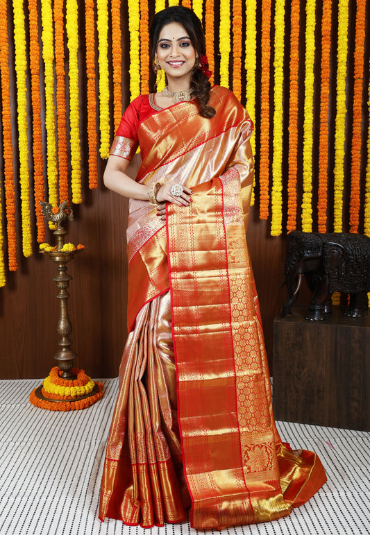 Red Brocade Tissue Kanjivaram Pure Silk Saree With Blouse Piece