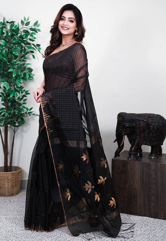 Black Kora Handloom Pure Silk Saree With Blouse Piece