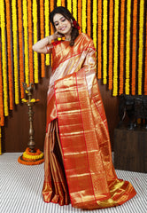 Red Brocade Tissue Kanjivaram Pure Silk Saree With Blouse Piece