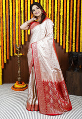 Tussar color with Red Border Korial Banarasi Silk Saree With Blouse Piece