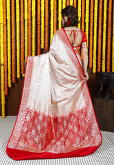 Tussar color with Red Border Korial Banarasi Silk Saree With Blouse Piece