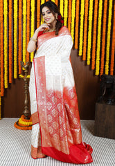 Off White with Red Border Korial Banarasi Silk Saree With Blouse Piece