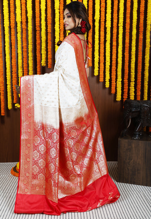 Off White with Red Border Korial Banarasi Silk Saree With Blouse Piece