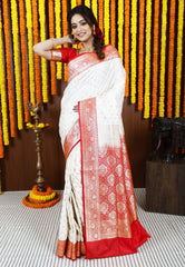 Off White with Red Border Korial Banarasi Silk Saree With Blouse Piece