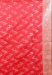 Off White with Red Border Korial Banarasi Silk Saree With Blouse Piece