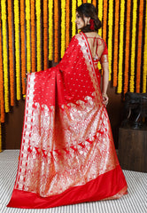 Red Wedding Banarasi Silk Saree with Blouse Piece