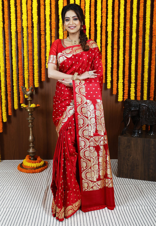 Red Wedding Banarasi Silk Saree with Blouse Piece