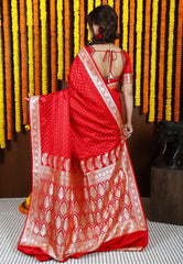 Red Wedding Banarasi Silk Saree with Blouse Piece