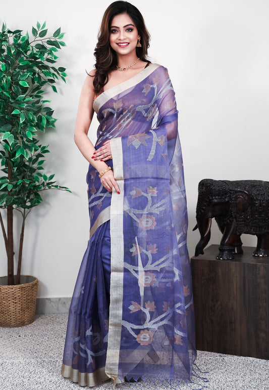 Blue Kora Handloom Pure Silk Saree With Blouse Piece