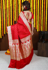 Red Wedding Banarasi Silk Saree with Blouse Piece