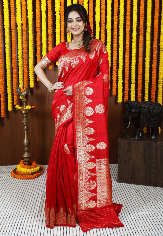 Red Tussar Pure Silk Saree with Blouse Piece