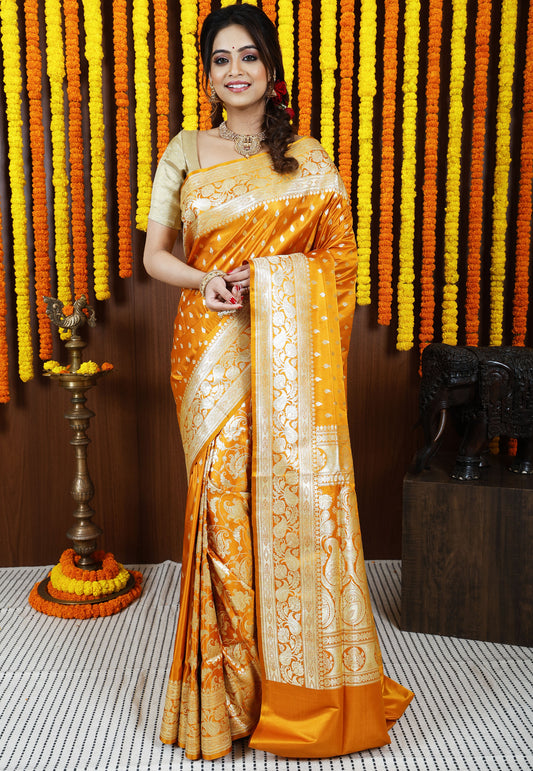 Golden Yellow Wedding Banarasi Silk Saree with Blouse Piece