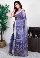 Blue Kora Handloom Pure Silk Saree With Blouse Piece