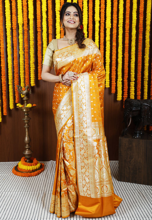 Golden Yellow Wedding Banarasi Silk Saree with Blouse Piece