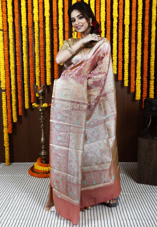 Peach Brocade Tissue Kanjivaram Silk Saree With Blouse Piece