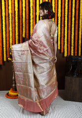 Peach Brocade Tissue Kanjivaram Silk Saree With Blouse Piece