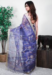 Blue Kora Handloom Pure Silk Saree With Blouse Piece