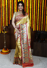 Golden with Red Minakari Border Tissue Kanjivaram Silk Saree With Blouse Piece