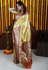 Golden with Red Minakari Border Tissue Kanjivaram Silk Saree With Blouse Piece