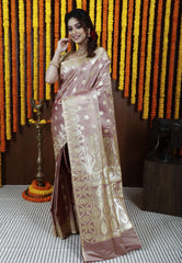 Neutral Beige Pastel Banarasi Silk Saree With Blouse Piece