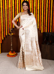 Off White Pastel Banarasi Silk Saree With Blouse Piece