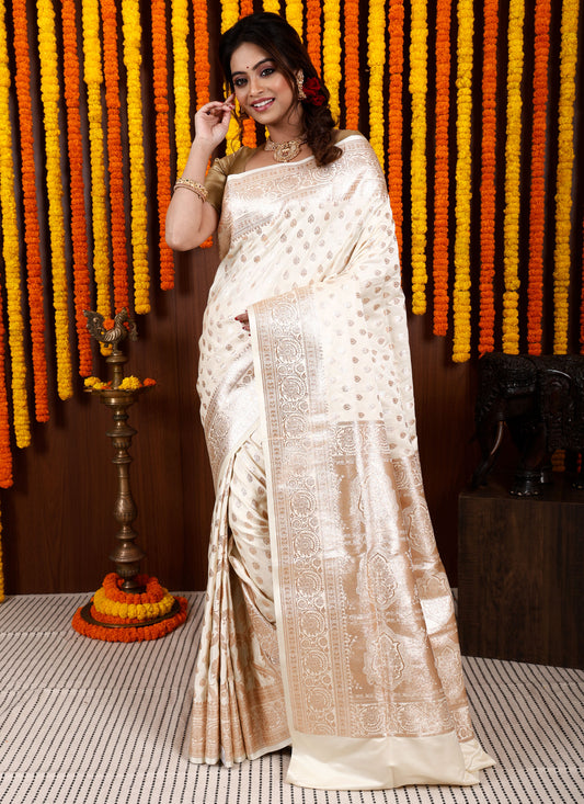 Off White Pastel Banarasi Silk Saree With Blouse Piece