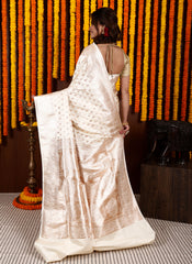 Off White Pastel Banarasi Silk Saree With Blouse Piece