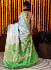 Light Blue with Parrot Green Border Pastel Banarasi Silk Saree With Blouse Piece