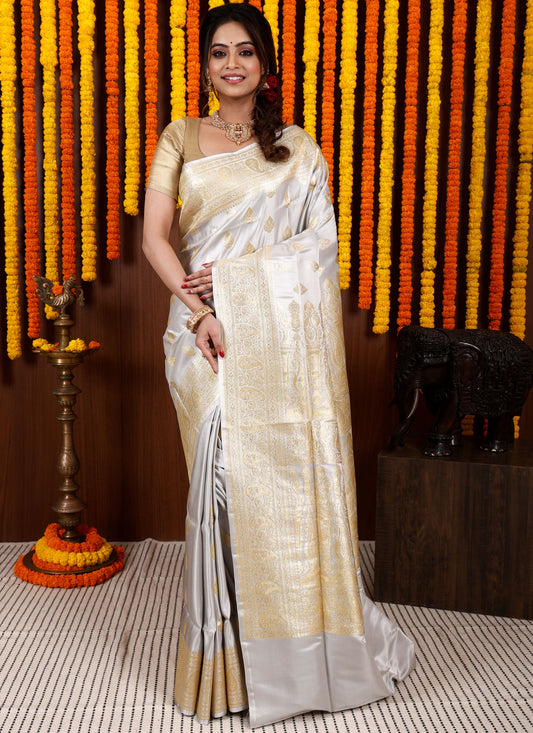 Grey Pastel Banarasi Silk Saree With Blouse Piece