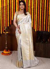 Grey Pastel Banarasi Silk Saree With Blouse Piece