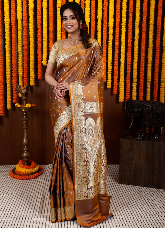 Mustard Pastel Banarasi Silk Saree With Blouse Piece