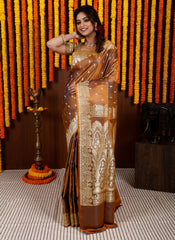 Mustard Pastel Banarasi Silk Saree With Blouse Piece