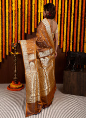 Mustard Pastel Banarasi Silk Saree With Blouse Piece
