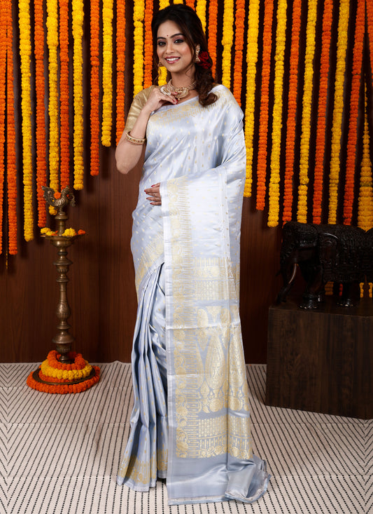 Light Grey Pastel Banarasi Silk Saree With Blouse Piece