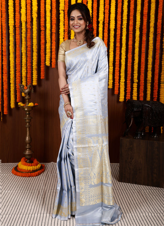 Light Grey Pastel Banarasi Silk Saree With Blouse Piece