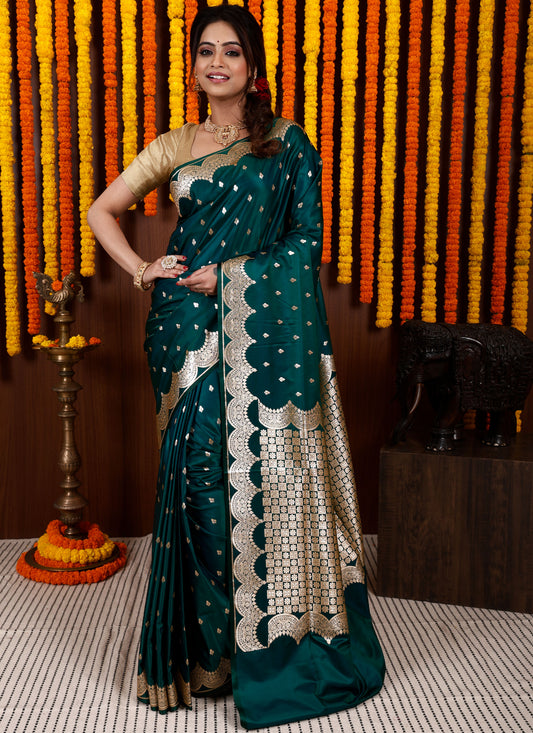 Dark Rama Green Wedding Banarasi Silk Saree with Blouse Piece