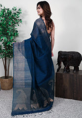 Turquoise Blue Kora Handloom Pure Silk Saree With Blouse Piece