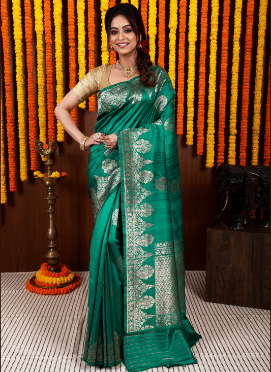 Blue Tussar  Pure Silk Saree with Blouse Piece