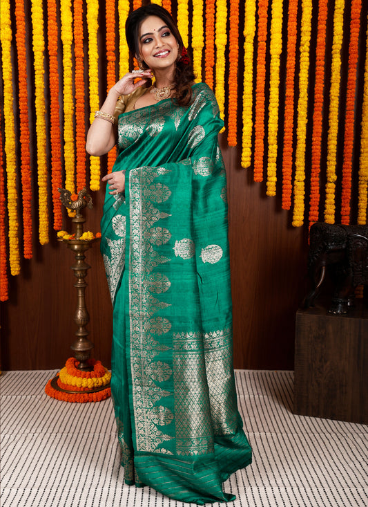 Blue Tussar  Pure Silk Saree with Blouse Piece